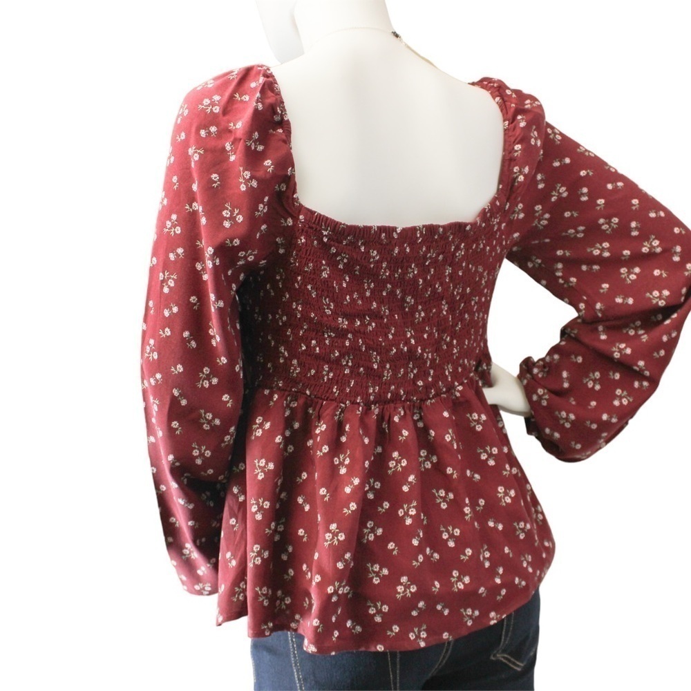 NEW! Aeropostale Women’s Long Sleeve Maroon Ditsy Floral Peasant Blouse Size L - Picture 3 of 9